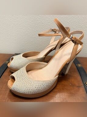 Cindy Astro Tan and Cream Peep-Toe Rhinestone Ankle-Strap Heels